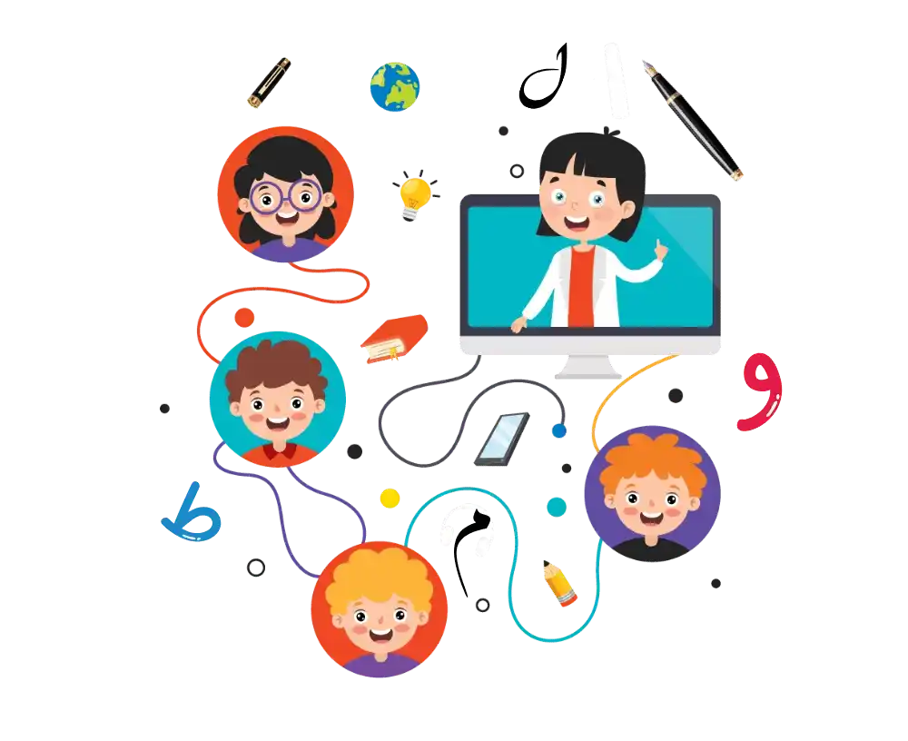 several students icons with Arabic letters